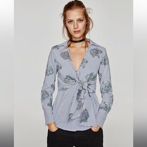 Zara Womens Collection Striped Printed Shirt with Front Knot Detail Size S
